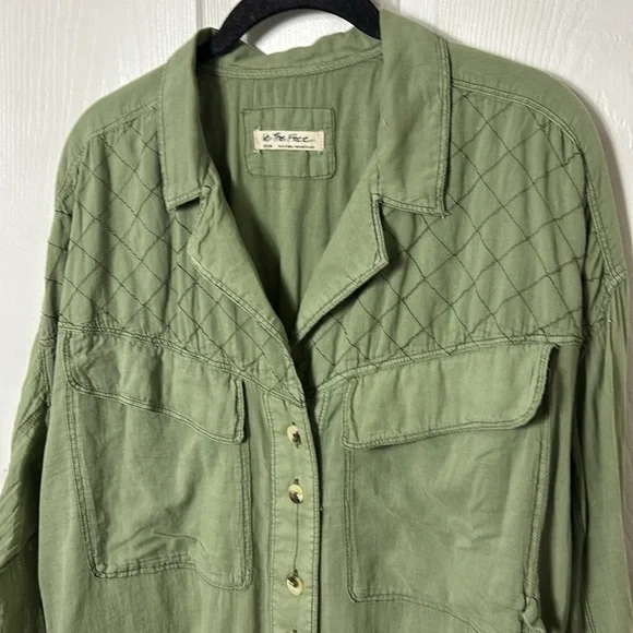 Free People We the Free Green Quilted Stitch Yoke Button up-shirt button down - Picture 8 of 14